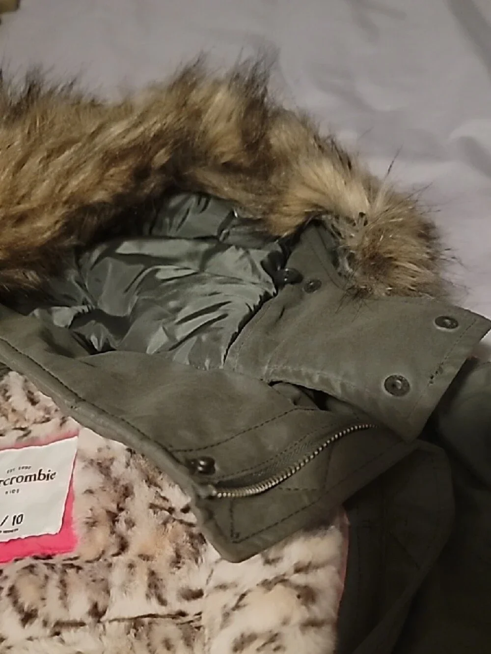 Abercrombie & Fitch Kids Olive Green Puffer Coat with Faux Fur Trim